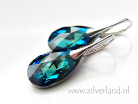Zilveren Oorbellen met Swarovski Almond &quot;Bermuda Blue&quot;- Gerhodineerd