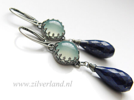 Handgemaakte Zilveren Oorbellen met Chalcedoon en Lapis Lazuli