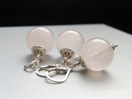 Zilveren Sieraden Set; Oorbellen en Hanger met Rozenkwarts