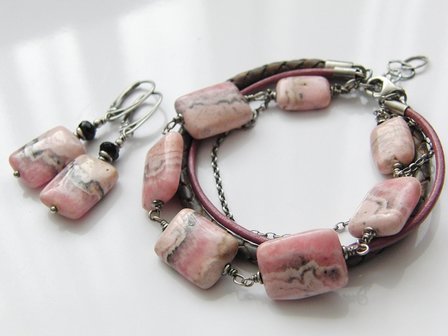Zilveren Armband &quot;Rhodochrosiet in Leder&quot;