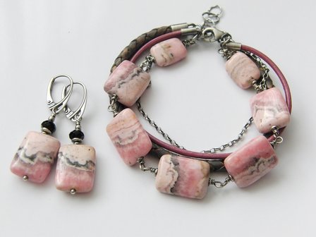 Zilveren Armband &quot;Rhodochrosiet in Leder&quot;