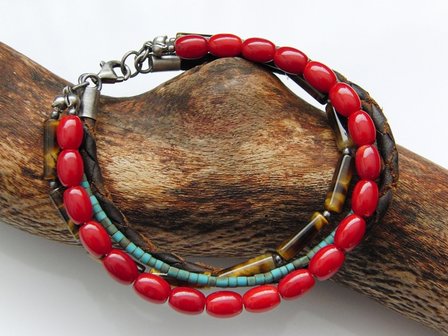 Armband met Koraal, Tijgeroog, Turkoois en Leder Koord