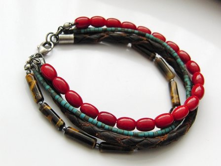 Armband met Koraal, Tijgeroog, Turkoois en Leder Koord
