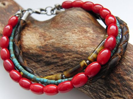 Armband met Koraal, Tijgeroog, Turkoois en Leder Koord
