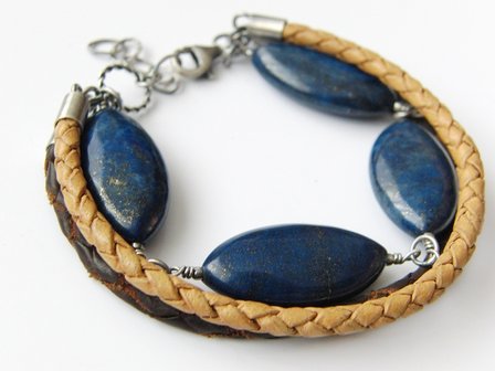 Zilveren Armband met Lapis Lazuli en Leren Koorden