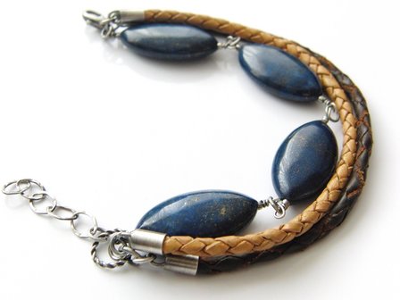 Zilveren Armband met Lapis Lazuli en Leren Koorden
