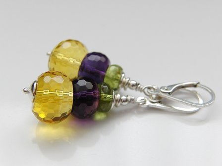 Zilveren Oorbellen met Citrien, Amethist en Peridoot &quot;Perfect Match&quot;