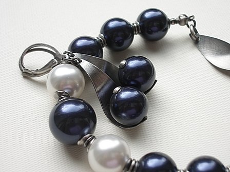 Zilveren Sieraden Set; Armband en Oorbellen met Parels &quot;Night Blue&quot;