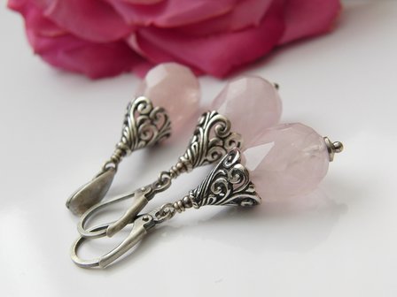 Zilveren Oorbellen en Hanger met Rozenkwarts Edelstenen &quot;Rosaline&quot;
