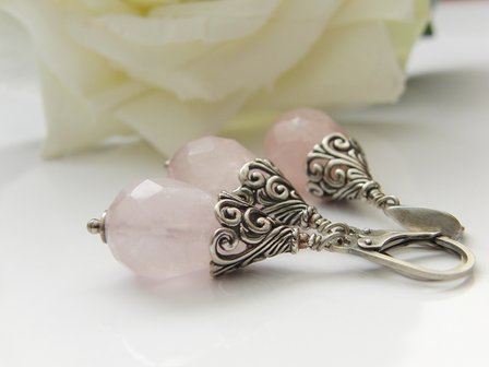 Zilveren Oorbellen en Hanger met Rozenkwarts Edelstenen &quot;Rosaline&quot;