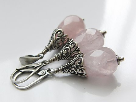 Zilveren Oorbellen en Hanger met Rozenkwarts Edelstenen &quot;Rosaline&quot;