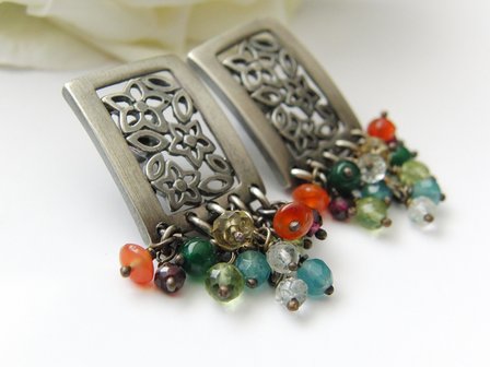 Sterling Zilveren Oorstekers met Edelstenen &quot;Bloemenperk&quot;