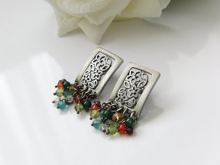 Sterling Zilveren Oorstekers met Edelstenen &quot;Bloemenperk&quot;