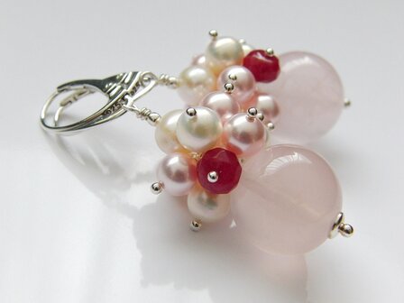 Zilveren Edelstenen Oorbellen met Rozenkwarts en Parels