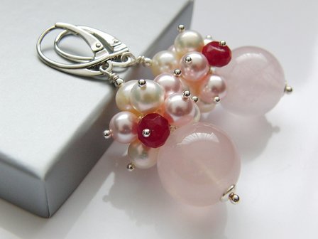 Zilveren Edelstenen Oorbellen met Rozenkwarts en Parels