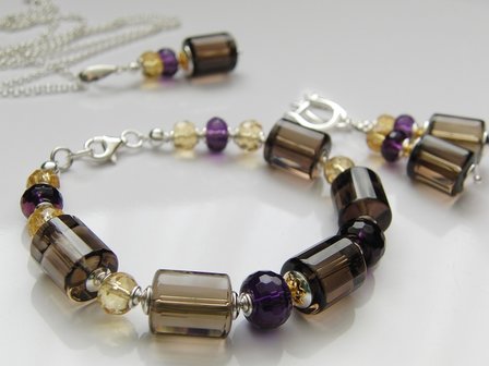 Zilveren Edelstenen Armband met Rookkwarts, Citrien en Amethist