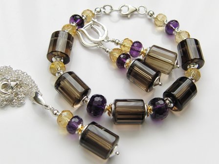 Zilveren Edelstenen Armband met Rookkwarts, Citrien en Amethist