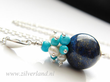 - Handgemaakte Sterling Zilveren Ketting met Lapis Lazuli, Turkoois en Parels
