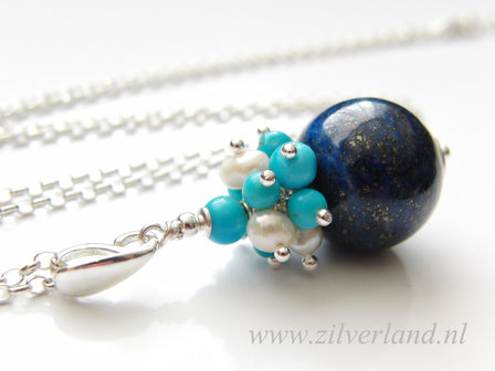 - Handgemaakte Sterling Zilveren Ketting met Lapis Lazuli, Turkoois en Parels
