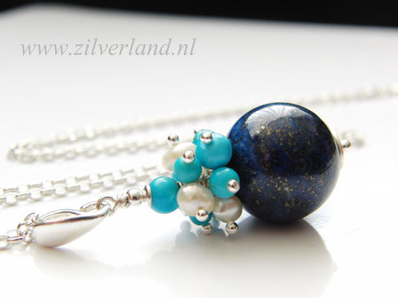 - Handgemaakte Sterling Zilveren Ketting met Lapis Lazuli, Turkoois en Parels
