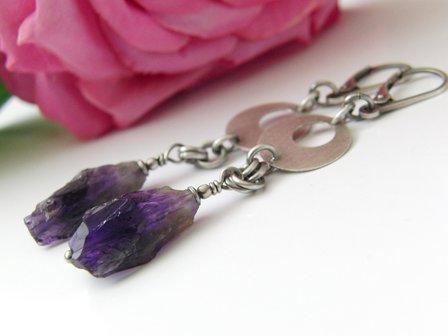 Zilveren Edelstenen Oorbellen met Ruwe Amethist