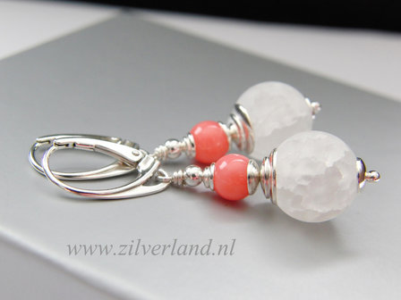 Sterling Zilveren Oorbellen met Bergkristal en Koraal