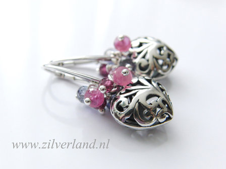 -Sterling Zilveren Oorbellen met Saffier, Ioliet en Granaat