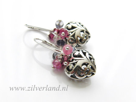 -Sterling Zilveren Oorbellen met Saffier, Ioliet en Granaat