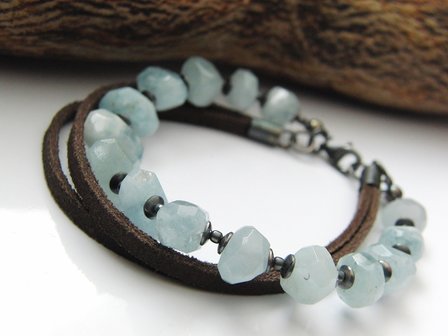 Zilveren Edelstenen Armband &quot;Aquamarijn in Leder&quot;