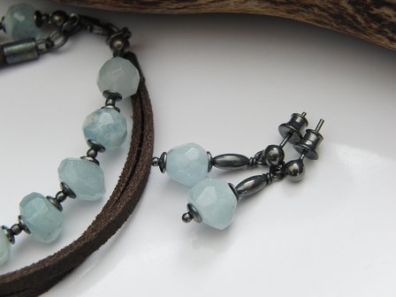 Zilveren Edelstenen Oorbellen &quot;Aquamarijn in Black&quot;