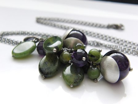 Zilveren Ketting met Amethist en Nefriet Edelstenen