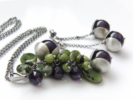 Zilveren Ketting met Amethist en Nefriet Edelstenen