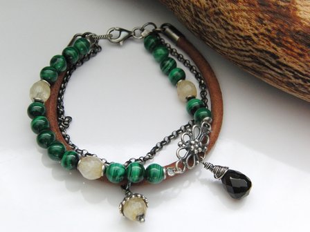 Armband met Edelstenen en Leerkoord &quot;Malachiet Cirkels&quot;