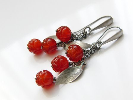 Zilveren Oorbellen met Carneool Edelstenen &quot;Roosjes&quot;