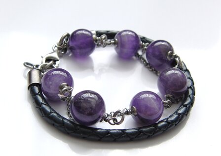 Zilveren Edelstenen Armband &quot;Amethist in Leder&quot;