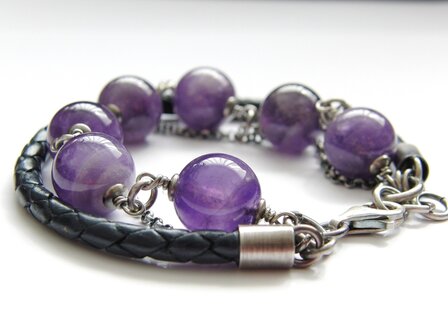 Zilveren Edelstenen Armband &quot;Amethist in Leder&quot;