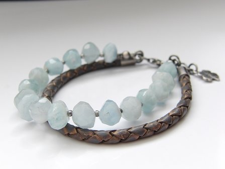 Zilveren Edelstenen Armband &quot;Aquamarijn in Leder&quot;
