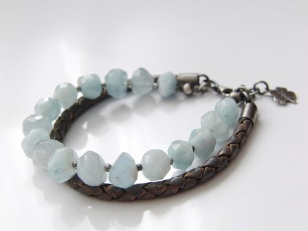Zilveren Edelstenen Armband &quot;Aquamarijn in Leder&quot;