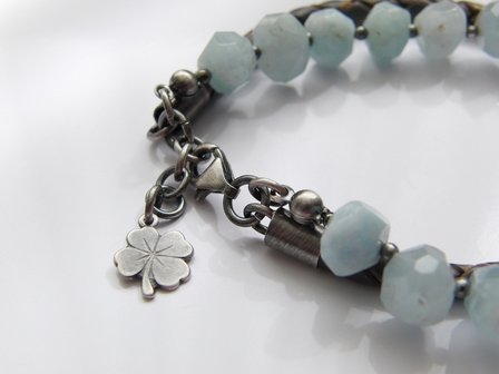 Zilveren Edelstenen Armband &quot;Aquamarijn in Leder&quot;