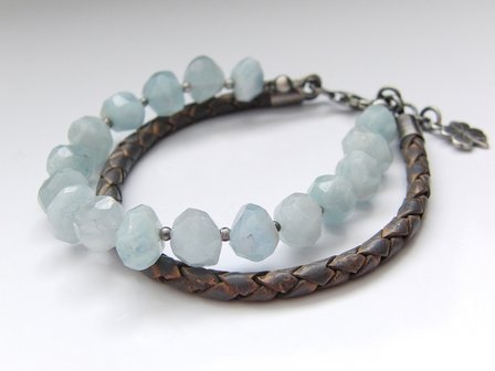 Zilveren Edelstenen Armband &quot;Aquamarijn in Leder&quot;