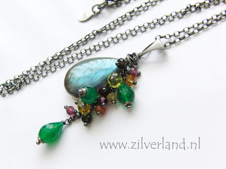 Handgemaakte Zilveren Ketting met Labradoriet en Groene Onyx