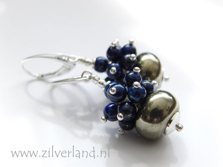 Handgemaakte Zilveren Oorbellen met Pyriet en Lapis Lazuli