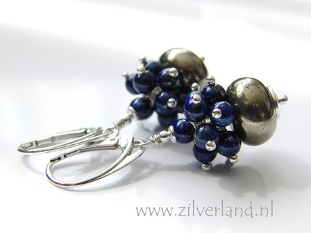 Handgemaakte Zilveren Oorbellen met Pyriet en Lapis Lazuli