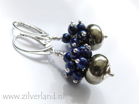Handgemaakte Zilveren Oorbellen met Pyriet en Lapis Lazuli