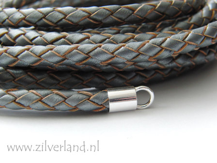 20cm Gevlochten 6mm Leerkoord- Metallic Grijs