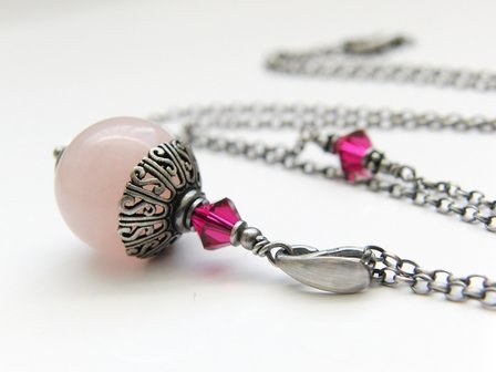 Sterling Zilveren Ketting met Rozenkwarts en Swarovski