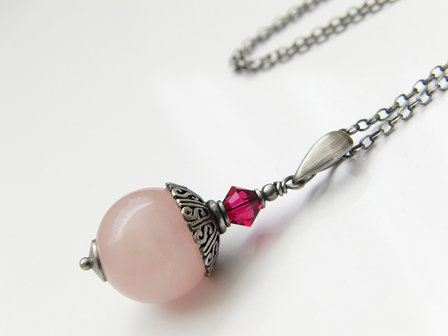 Sterling Zilveren Ketting met Rozenkwarts en Swarovski