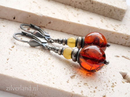 Handgemaakte Oorbellen met Cognac Barnsteen en Lichte Amber- Zilver 925