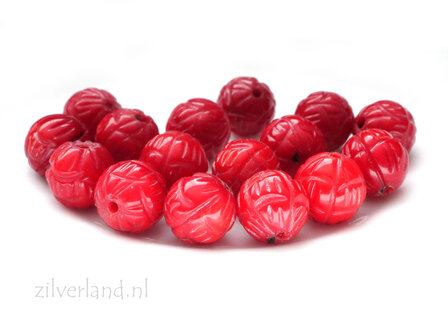 8mm Rode Koraal Kraal Gegraveerd Lotusbloem