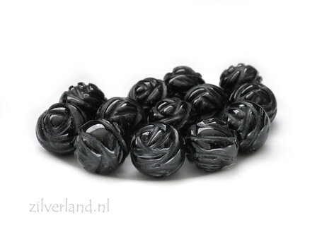 10mm Zwarte Onyx Edelsteen Kraal Gegraveerde Roos